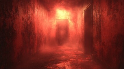 Obraz premium A red room with a door that is open and a lot of smoke