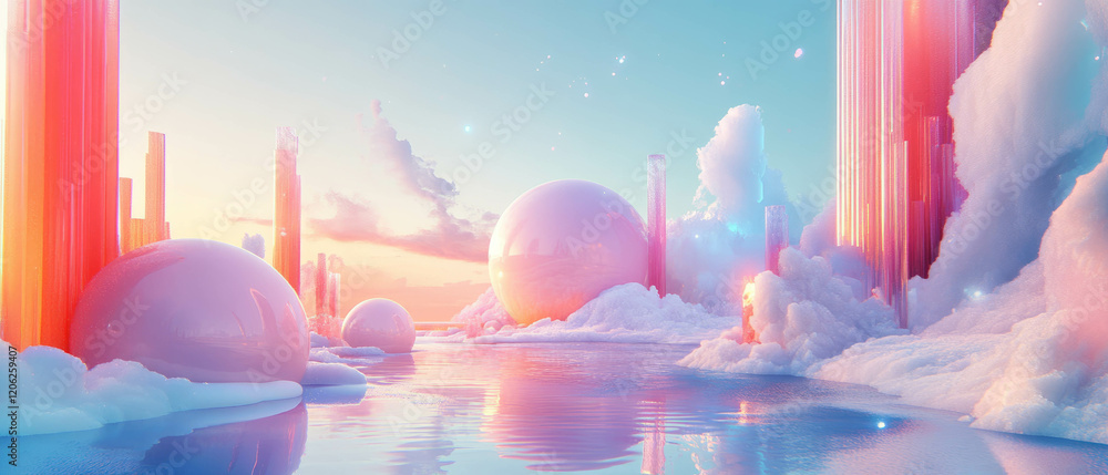 Poster melting colors create a blurred, dreamy landscape with abstract forms and reflections