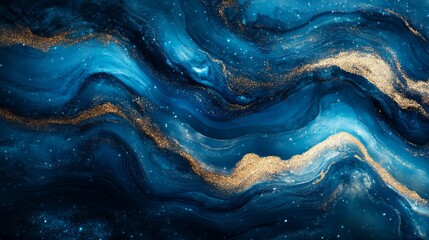 Obraz premium A mesmerizing abstract image depicting swirling blue cosmic waves intertwined with golden flecks, evoking a sense of cosmic wonder and infinite universe beauty.