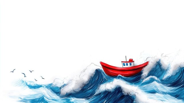 Small red boat navigating rough seas with birds flying