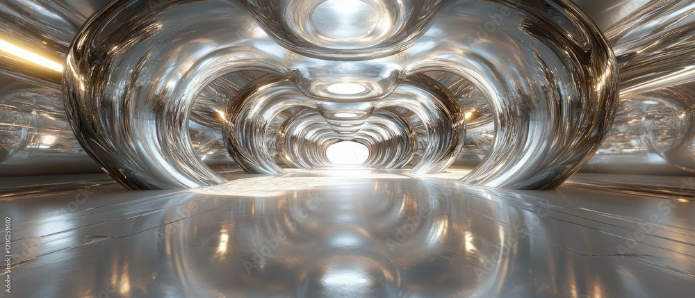 Aufkleber exploring a corridor of metallic spirals with reflective light in a futuristic environment