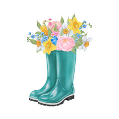 Watercolor Spring Bouquet in Green Garden Boots &ndash; Floral Illustration