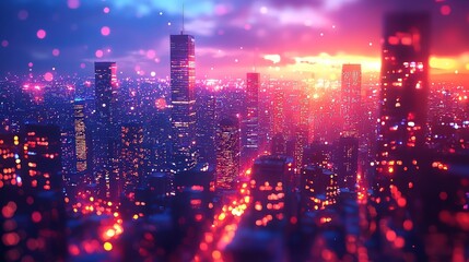 Fototapeta premium Illuminated skyscrapers bathed in city lights, creating a dynamic digital art scene with a vibrant bokeh backdrop, offering an aesthetic perspective on modern urbanity