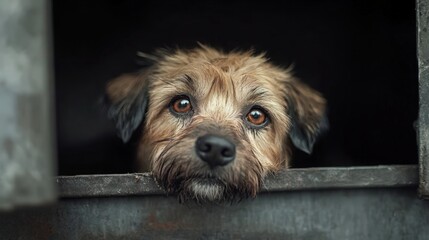 A close-up of a brown mixed-breed dog with expressive eyes looking out from a dark space.