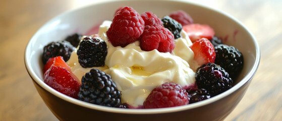 Healthy breakfast bowl with mixed berries and Greek yogurt topped with honey
