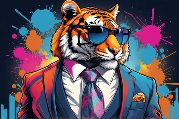 Colorful trendy funny fashion business animal with sunglasses portrait illustration texture design.
