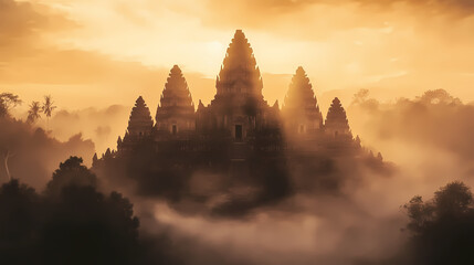 A mysterious ancient temple shrouded in mist, bathed in the soft light of dawn. Shadow Temple. Illustration