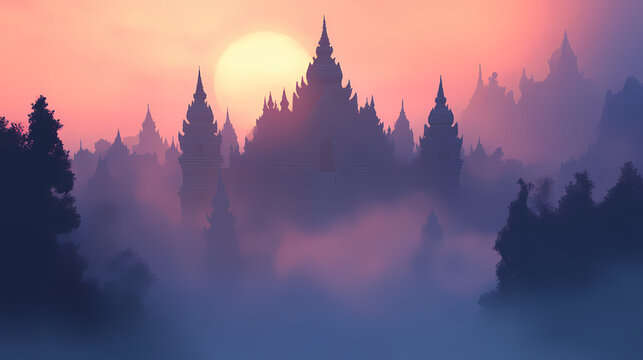 A mysterious ancient temple shrouded in mist, bathed in the soft light of dawn. Shadow Temple. Illustration