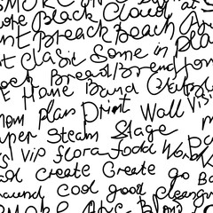 seamless pattern of black text on a white background. Text in a freehand, hand-drawn style. All words are of different sizes.  The image style is simple and minimalistic.