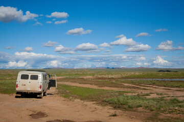 Off-road vehicles in remote region of Mongolia. Gobi desert area