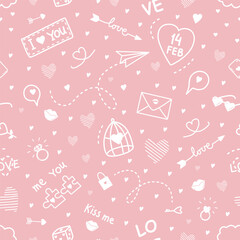 Valentine's Day Seamless Print. Happy Valentines Day Abstract Pattern. Valentines Day Elements. Doodle. Vector illustration in White on Pink Background.