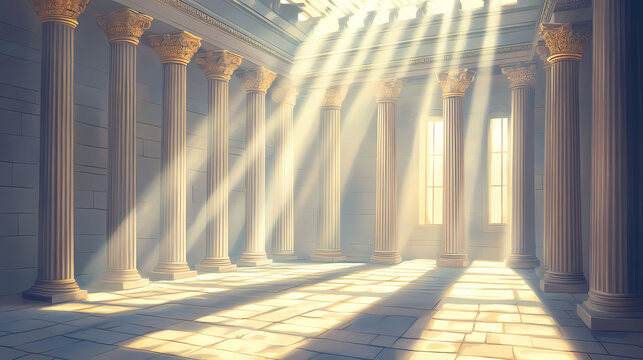 Ancient roman temple interior with sunlight rays. Shadow Temple. Illustration