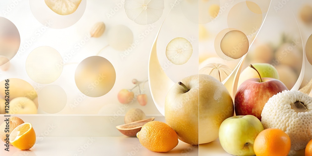 Poster abstraction of fruits in subtle beige color tones showcasing a blend of varieties placed on a softly