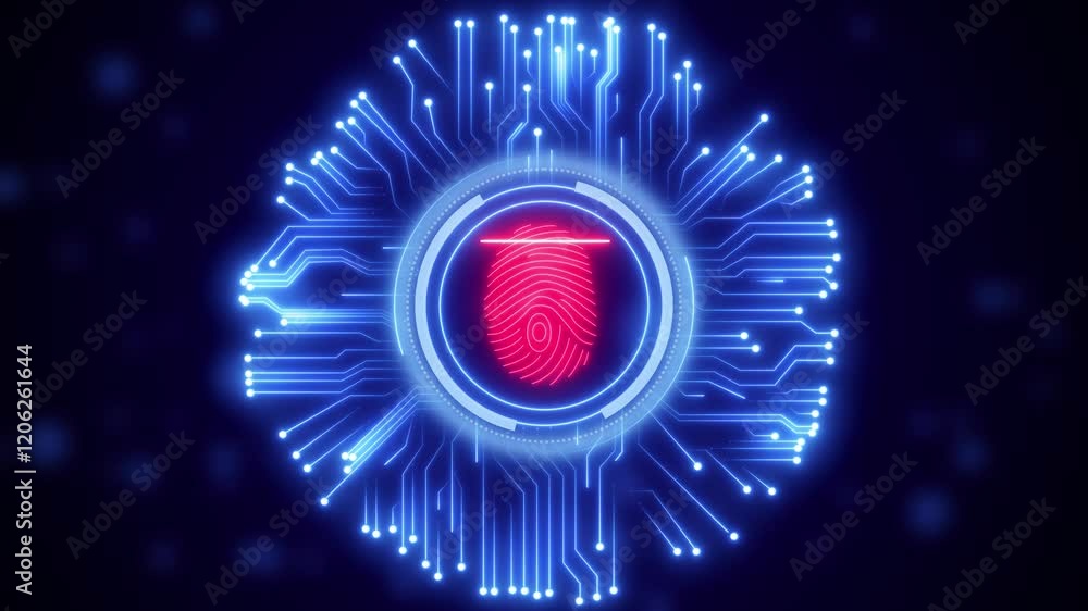Poster digital processing of fingerprints neon glowing looping technology fingerprint on a black background