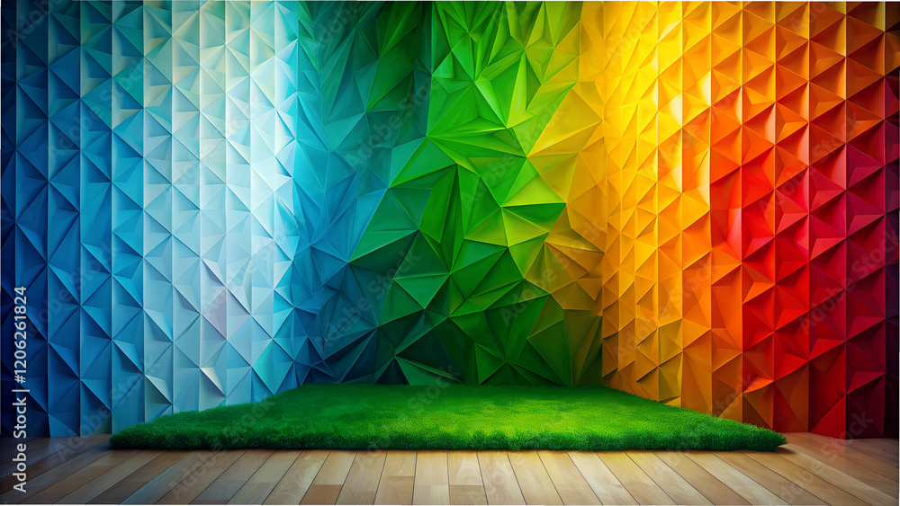 Poster brightly colored wall featuring geometric patterns in a minimalist abstract art space designed for c
