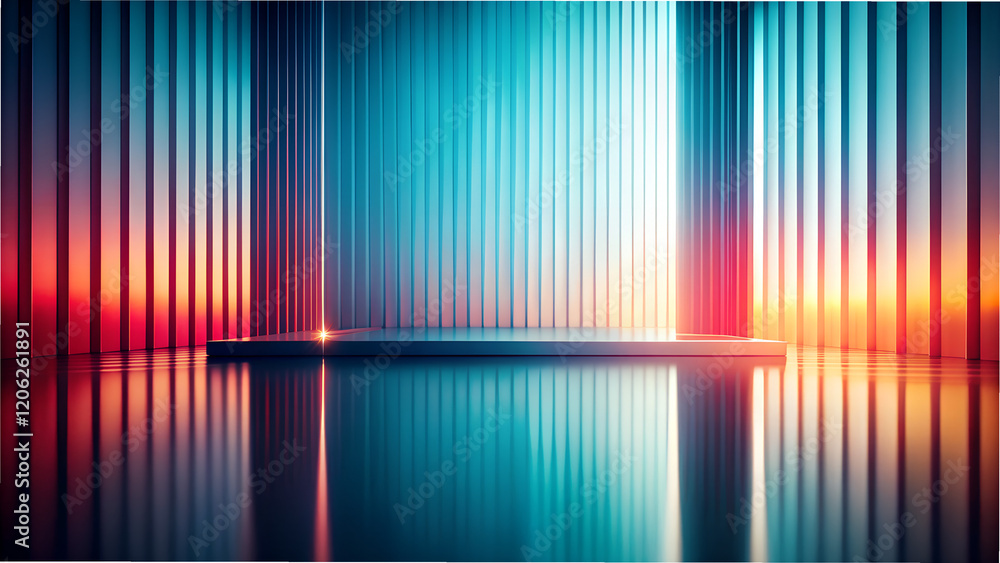Poster exploring the interplay of light and color in a minimalist abstract space with vibrant hues and slee