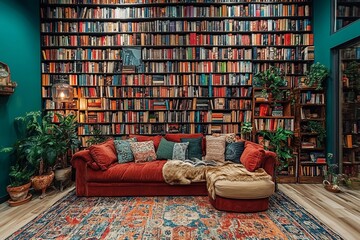 Eclectic apartment with book wall display
