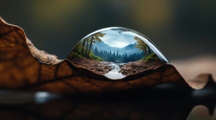 A close-up shot of a water droplet on a leaf, reflecting a serene forest landscape.