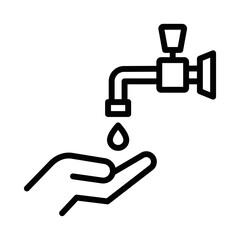 Outline icon of a faucet with water dropping onto a hand. Editable stroke.