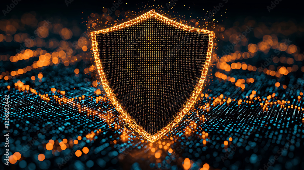 Poster cybersecurity shield, glowing binary code, digital protection concept. perfect for tech, data securi