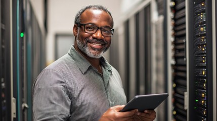 A confident man with glasses smiles while holding a tablet in a server room, surrounded by technology, symbolizing expertise and reliability in IT environments.
