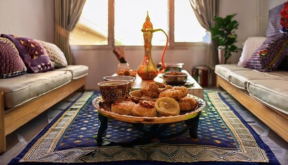 A cozy living room setting featuring a vibrant rug, traditional seating, and a beautifully arranged table with pastries and a decorative teapot.