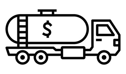 Fuel tanker truck with a dollar sign. Editable stroke.