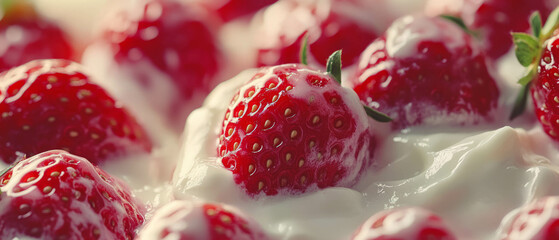 Ripe red strawberries with creamy topping create a sweet summer delight
