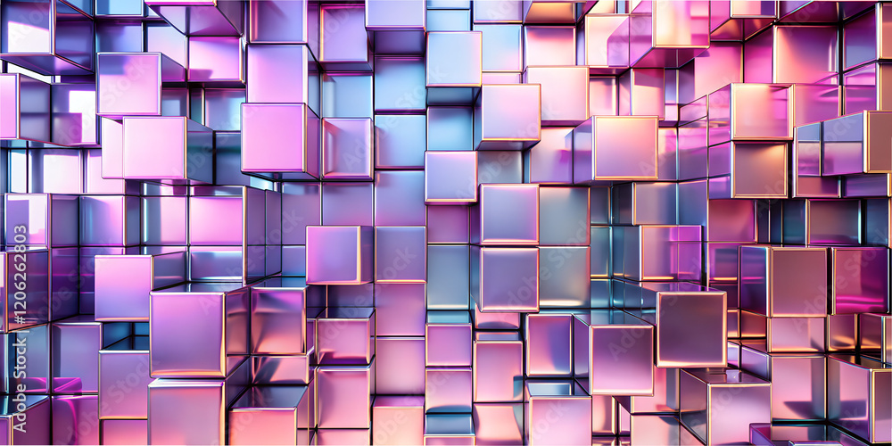 Poster abstraction of mirrored design layers creates vibrant wallpaper of colorful cubes and light play in 