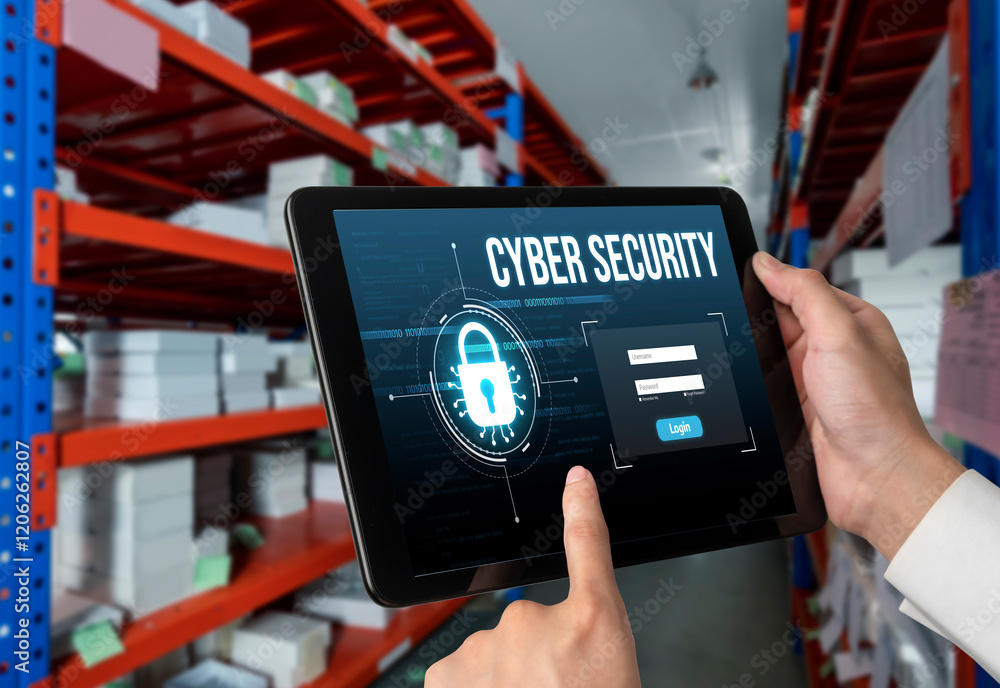 Poster cyber security system on computer screen protect private information snugly from hacker and cyber at