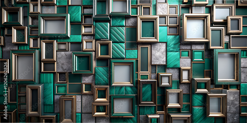 Poster intricate abstract design showcasing a vibrant wallpaper with various framed structures in a modern 