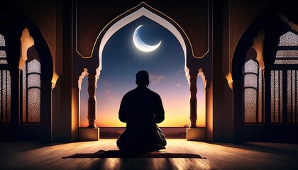 A serene silhouette of a person meditating in an ornate archway, framed by a crescent moon and twilight sky.