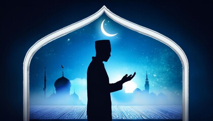 A silhouette of a person praying under a crescent moon, framed by an ornate arch, creating a serene and spiritual atmosphere.