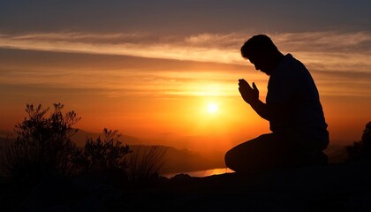 A silhouette of a person kneeling in prayer at sunset, with vibrant colors illuminating the sky and a serene atmosphere.