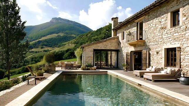 French countryside villa poolside view, mountain backdrop, luxury vacation rental