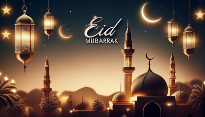 A beautiful nighttime scene featuring a mosque, lanterns, and crescent moons, celebrating the festive spirit of Eid Mubarak.