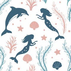 Fototapeta premium Mermaid and dolphin swimming in an ocean-themed pattern