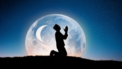 A silhouette of a person praying under a large moon, set against a starry sky, symbolizing spirituality and tranquility.