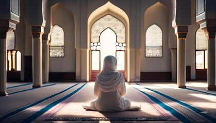 A serene individual prays in a beautifully designed mosque, illuminated by soft light filtering through intricate windows.