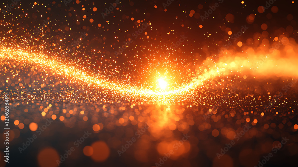 Poster stunning abstract image of shimmering gold and orange particles, creating a dynamic, glowing wave. p