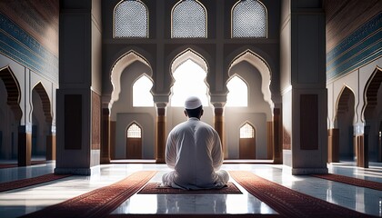 A serene individual sits in contemplation within a beautifully designed mosque, bathed in soft natural light, surrounded by intricate architectural details.