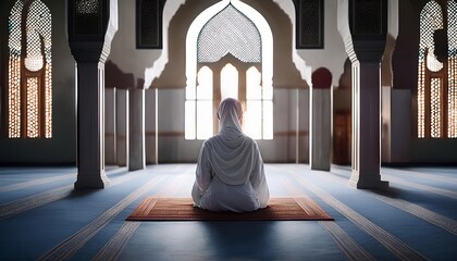 A serene figure meditates in a beautifully designed interior, illuminated by natural light filtering through intricate arches.
