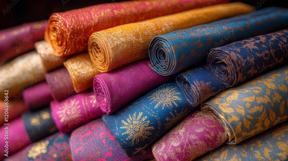 Poster vibrant silk fabrics in a wide array of colors displayed in a flowing arrangement