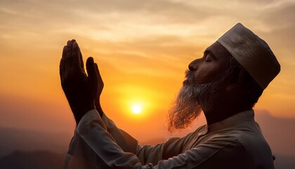 A man prays at sunset, hands raised, embodying peace and spirituality against a vibrant sky.