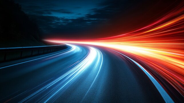 A striking visual of vibrant light trails sweeping along a highway, showcasing the dynamic speed and motion of lights moving through the night scenery.