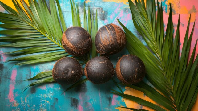 Dark Coconuts and Lush Palm Leaves: Tropical Still Life