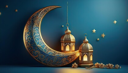A decorative crescent moon and lanterns set against a blue background, featuring intricate designs and a starry atmosphere, evoking a serene, festive ambiance.