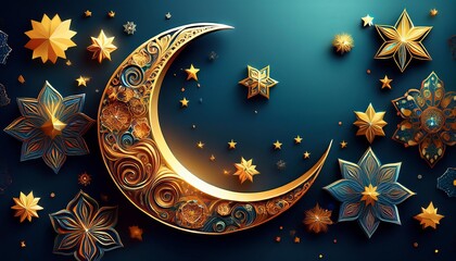 A beautifully decorated golden crescent moon surrounded by intricate stars against a deep blue background, creating a celestial theme.