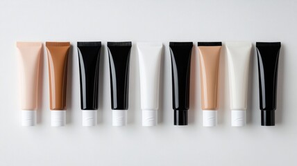 Assorted tubes of cosmetic products in varying shades on white background