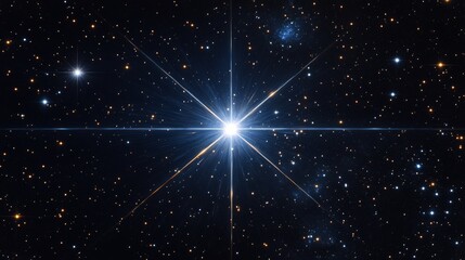 A dazzling starburst brilliantly illuminates the vast star-filled sky, creating a mesmerizing focal point amidst the serene cosmic landscape and endless space.